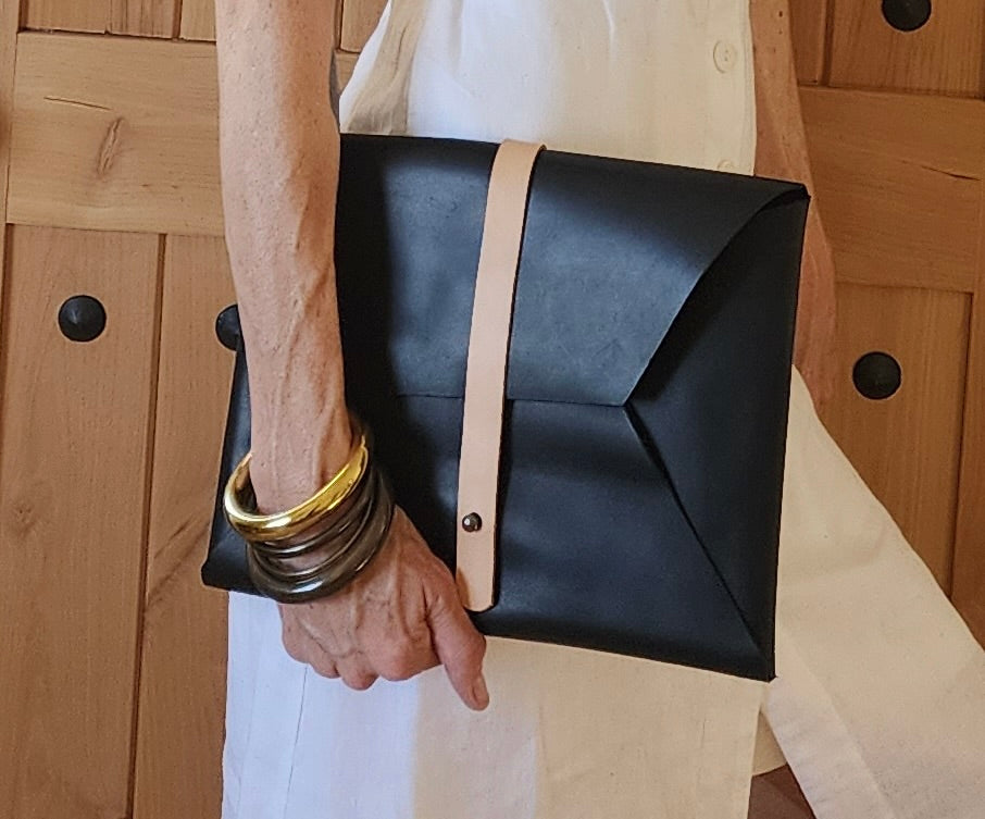 Black Leather Folio With Veg Tan Strap