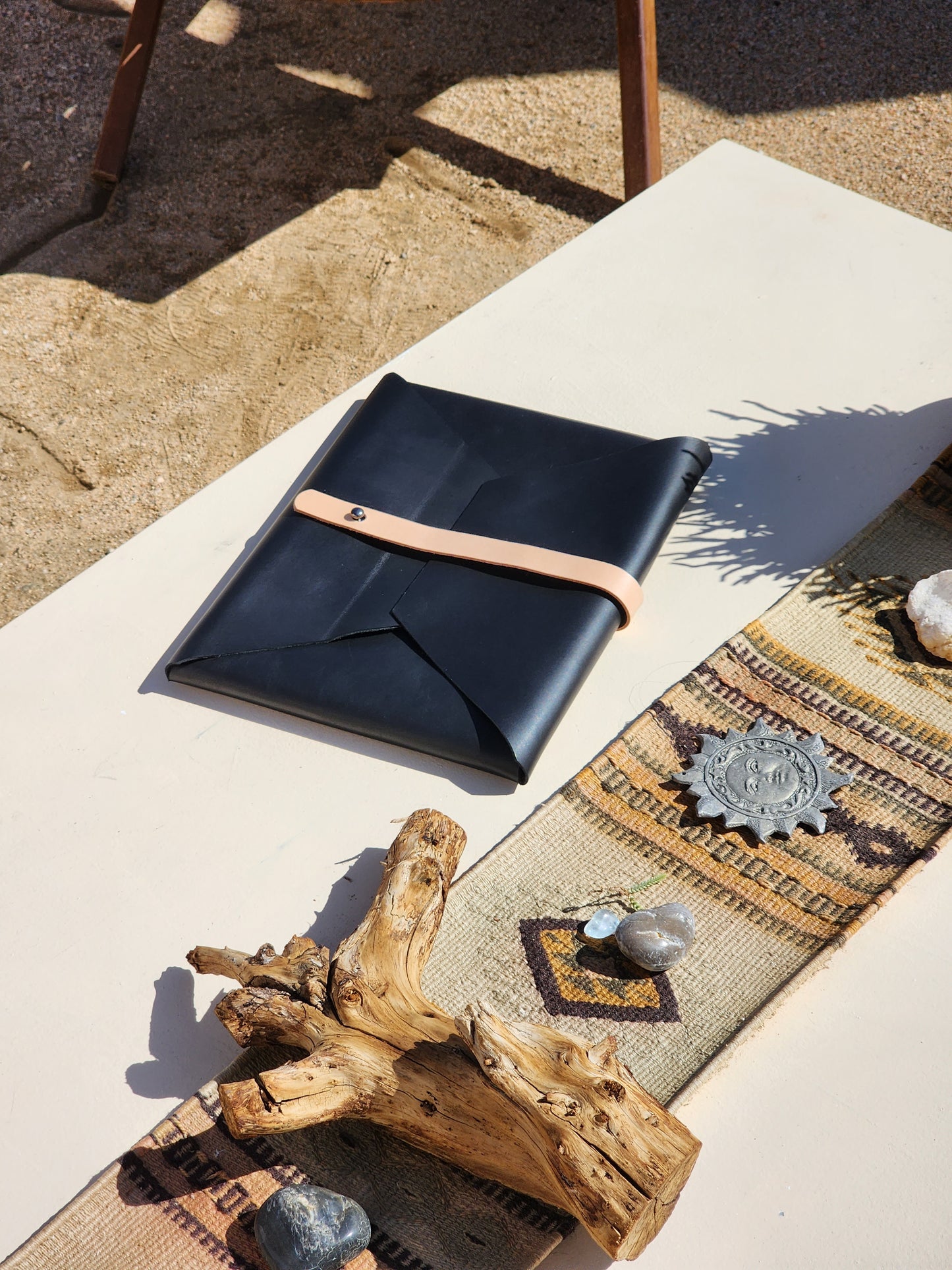 Black Leather Folio With Veg Tan Strap
