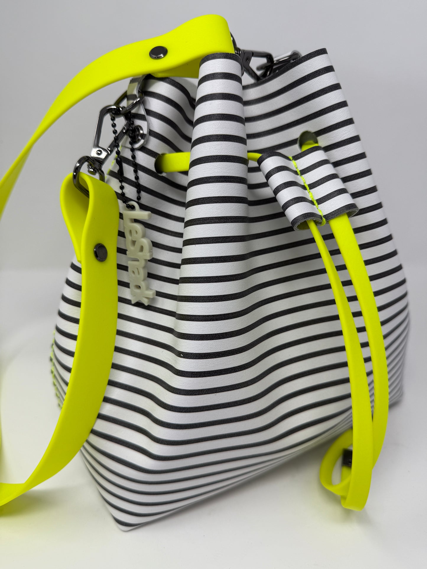 Black and White Striped Leather Drawstring Bucket Crossbody Bag