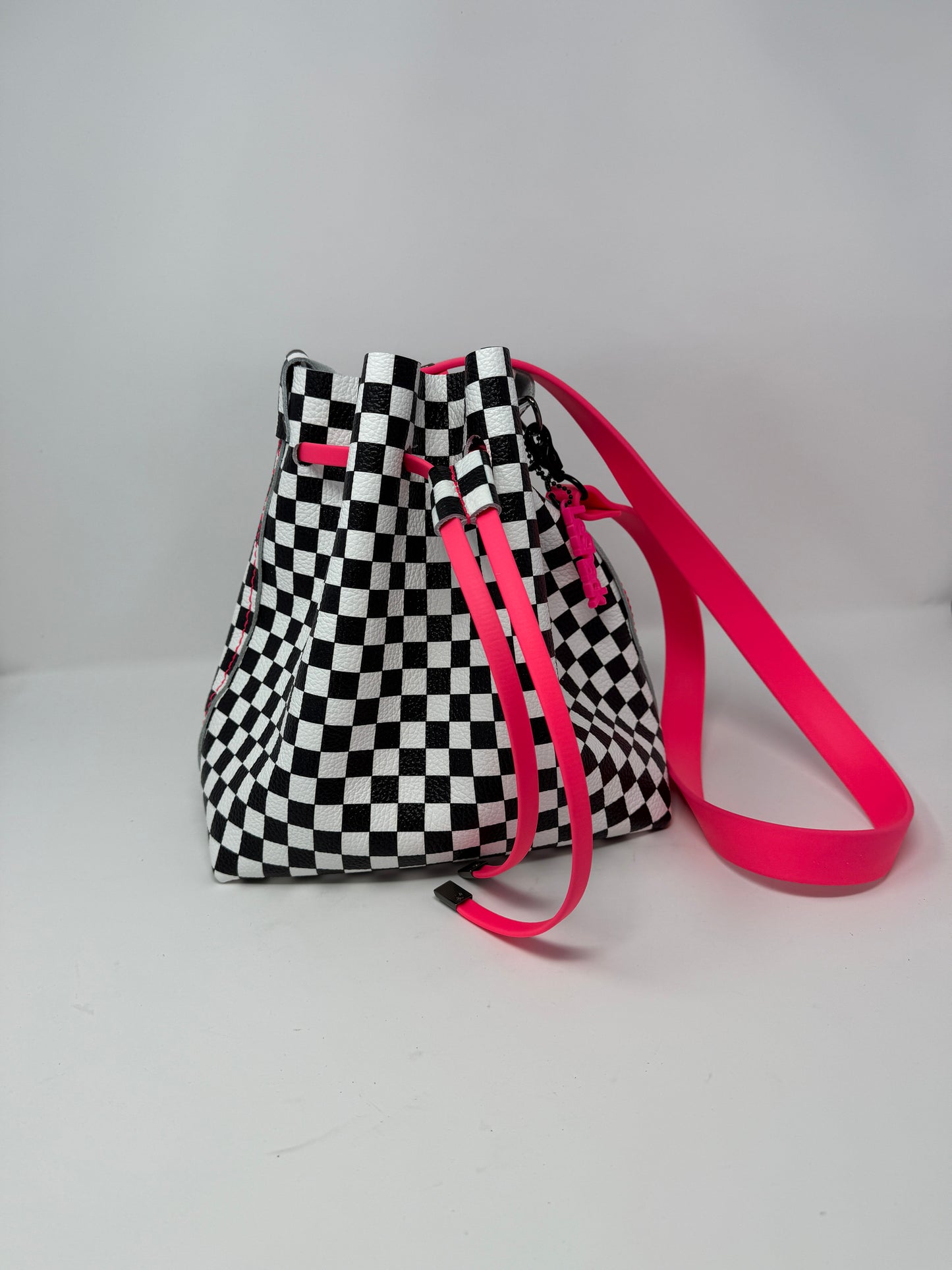 Checkerboard Leather Drawstring Bucket Shoulder Bag