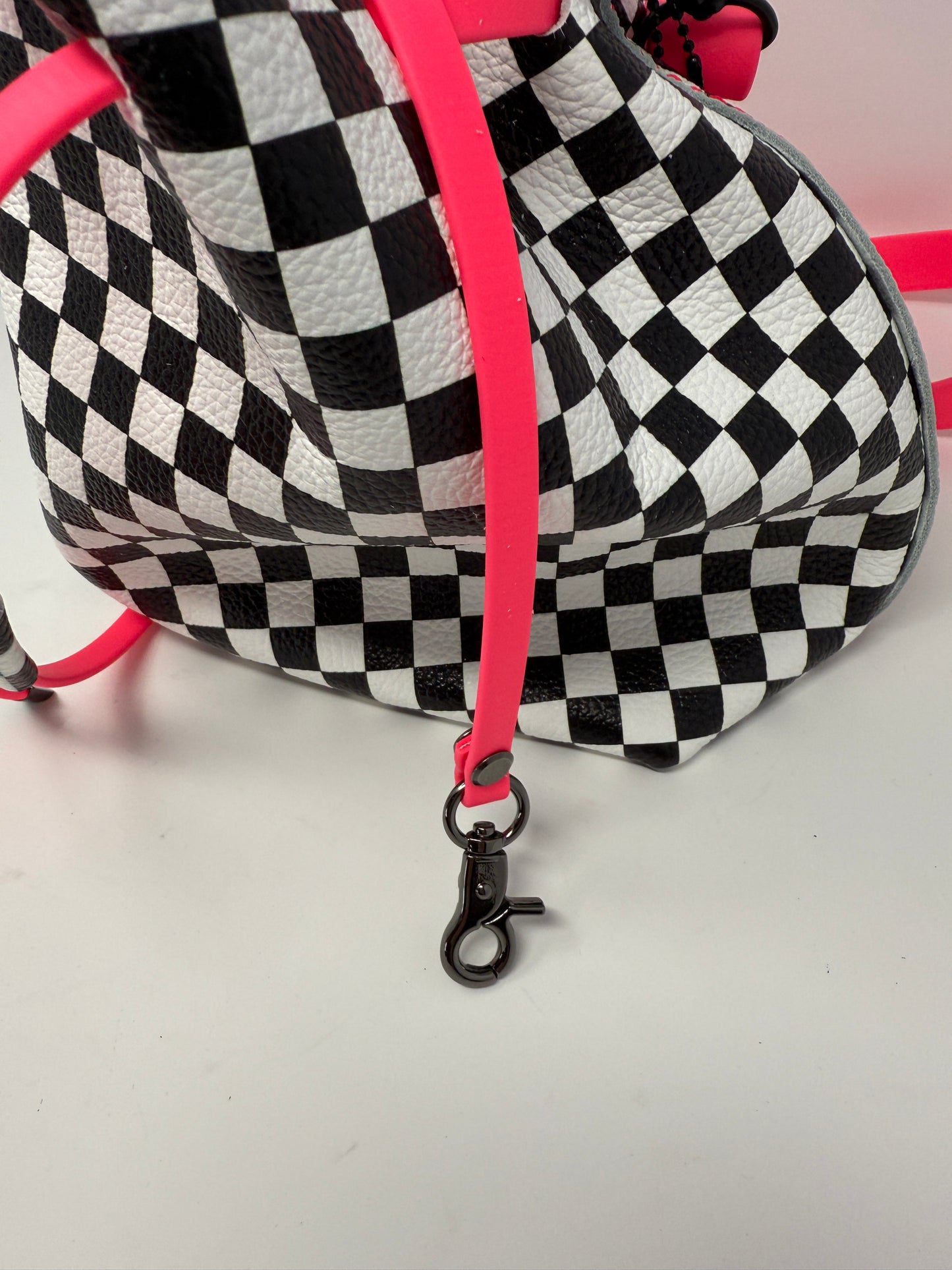 Checkerboard Leather Drawstring Bucket Shoulder Bag