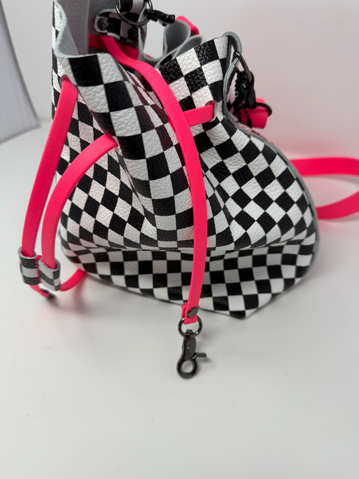 Checkerboard Leather Drawstring Bucket Shoulder Bag