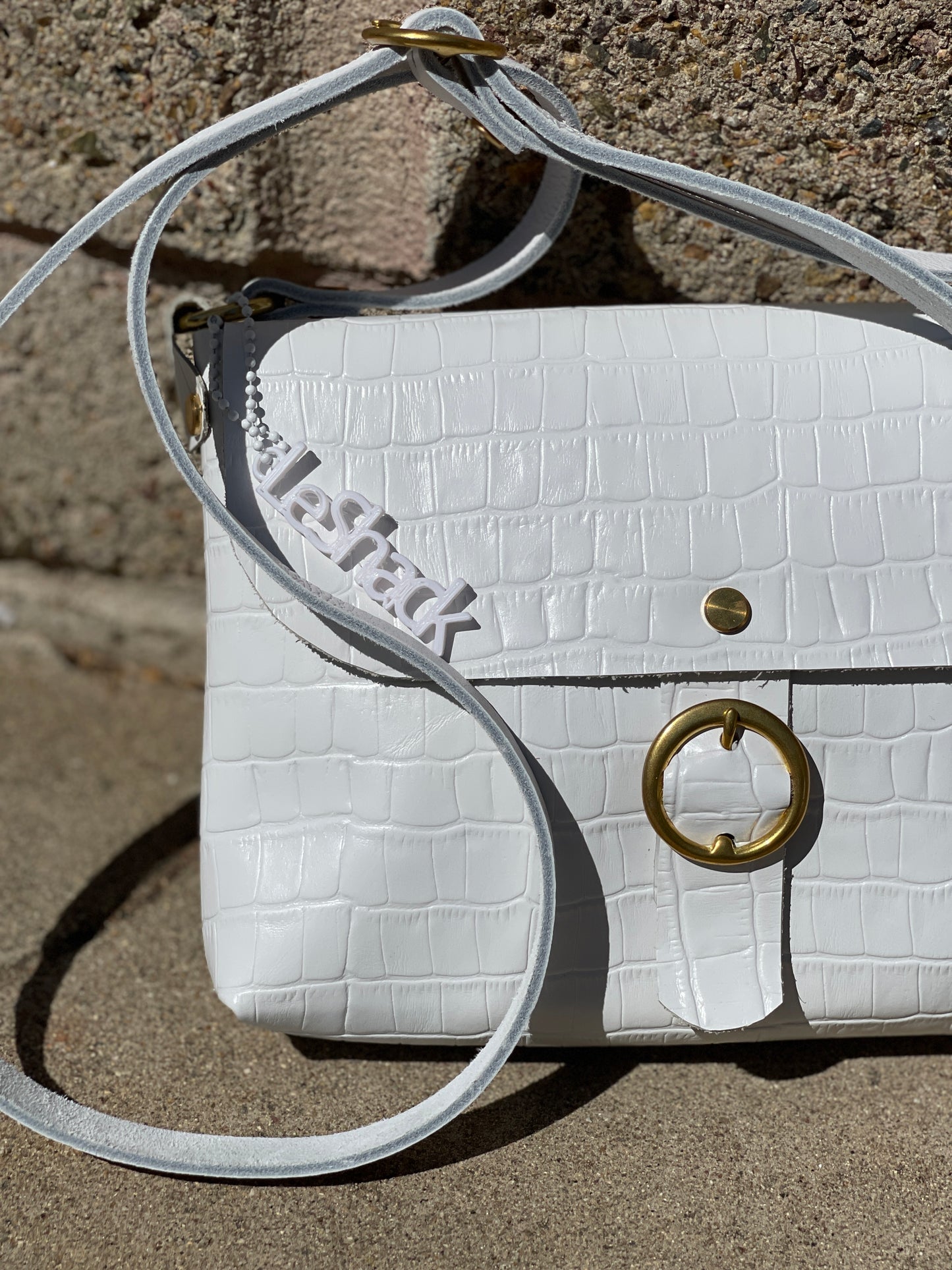 White Embossed Leather Small Crossbody Flap Messenger Bag