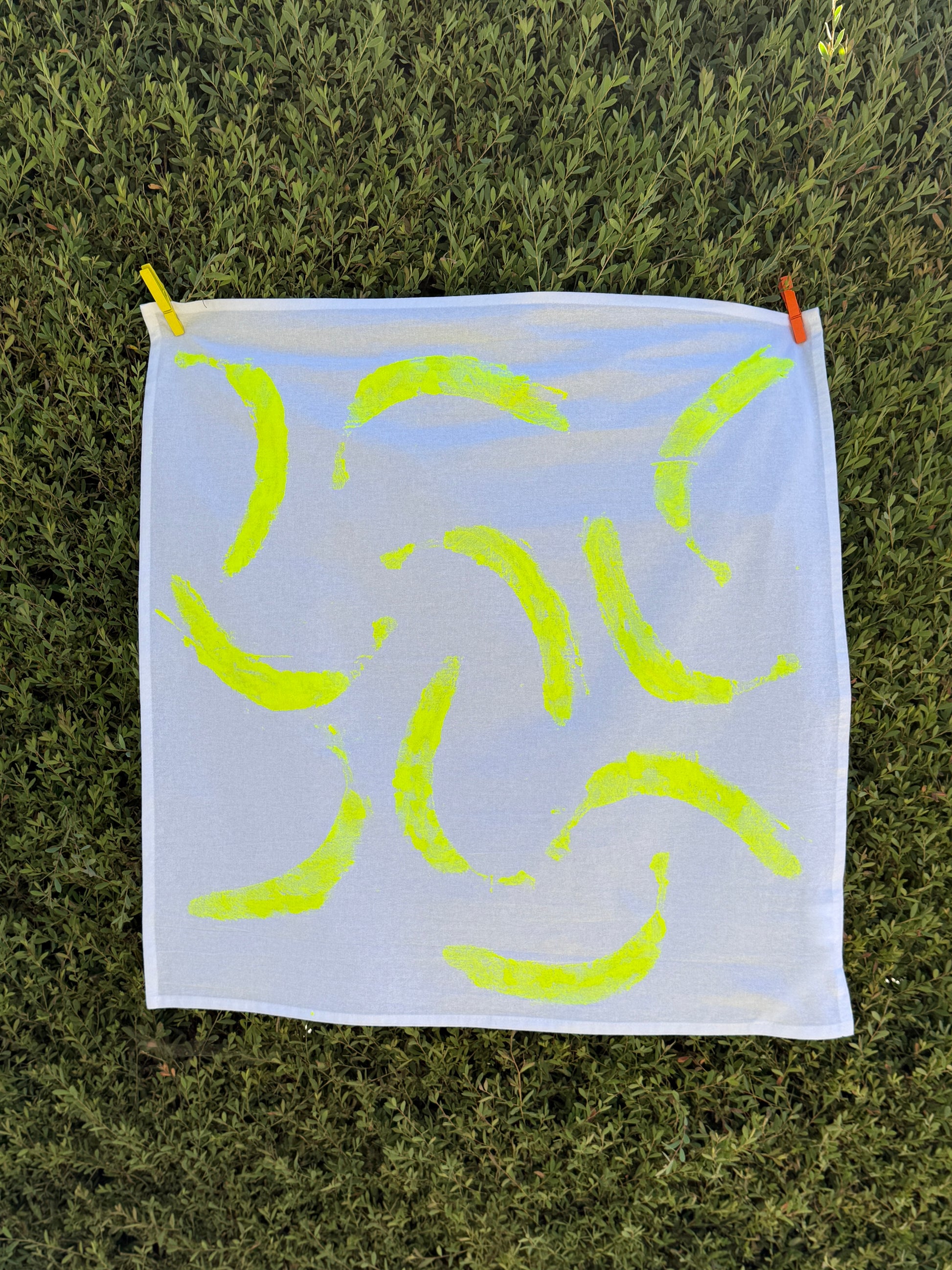 handprinted cotton dish towel with neon yellow banana print