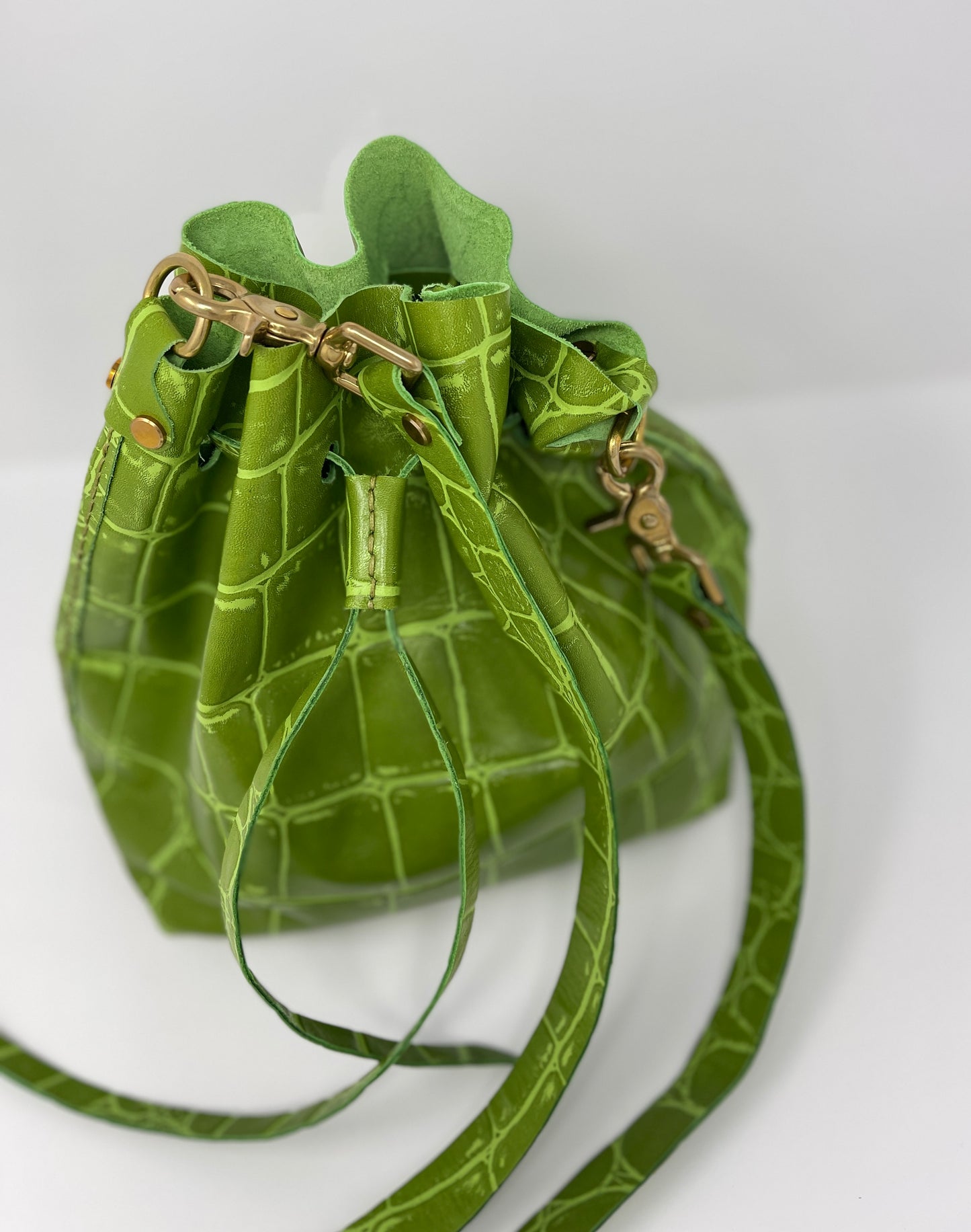 Olive Green Jumbo Croc Embossed Leather Drawstring Crossbody Bucket Bag