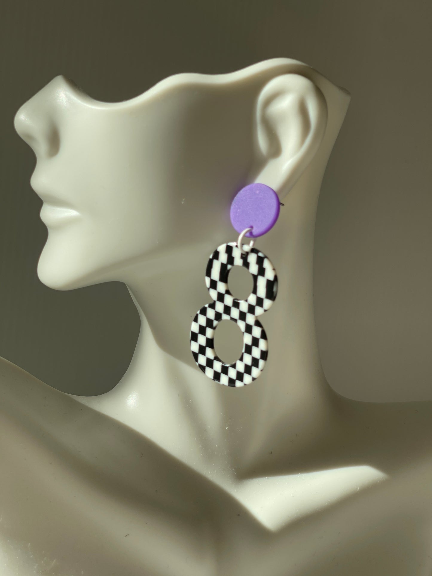 Year-rings -black and white checkerboard number 8 earrings